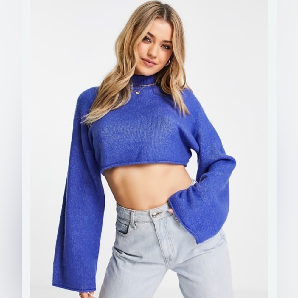 ASOS Monki Womens High Neck Cropped Bright Blue Sweater 5% Wool Size Large